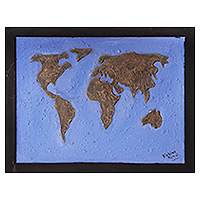 Wood relief wall art, 'One Earth Our Only Planet' - Wood Relief Wall Art of World Map Crafted with Mixed Media
