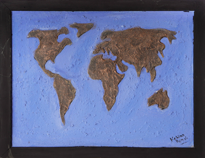 Wood relief wall art, 'One Earth Our Only Planet' - Wood Relief Wall Art of World Map Crafted with Mixed Media