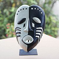 African wood mask, 'Love Essence' - Heart-Shaped Hand-Painted African Wood Mask on Steel Stand