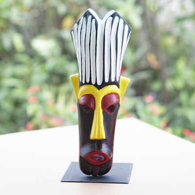 African wood mask, 'Tribal Heritage' - Hand-Painted African Wood Mask on Steel Stand from Ghana