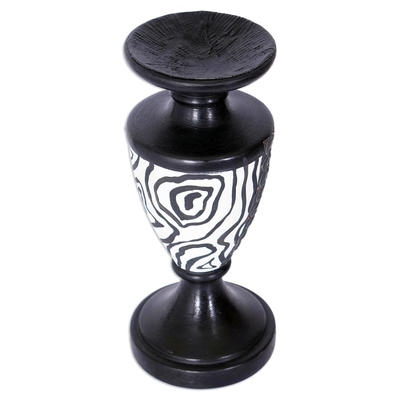 Aluminum and wood candle holder, 'African Wilderness' - Wood Candle Holder with Embossed Aluminum Accents from Ghana