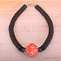 Recycled glass beaded pendant necklace, 'Alluring Vibrancy' - Eco-Friendly Black and Red Recycled Glass Pendant Necklace