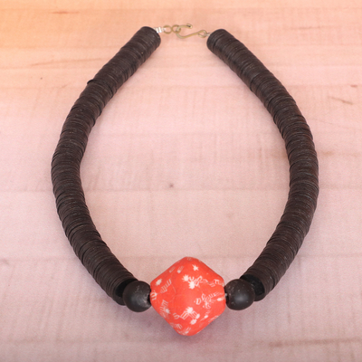 Recycled glass beaded pendant necklace, 'Alluring Vibrancy' - Eco-Friendly Black and Red Recycled Glass Pendant Necklace