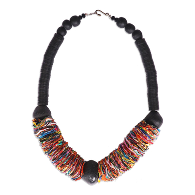 Cotton and recycled glass statement necklace, 'Colorful Ruffle' - Colorful Cotton Fabric and Recycled Glass Statement Necklace