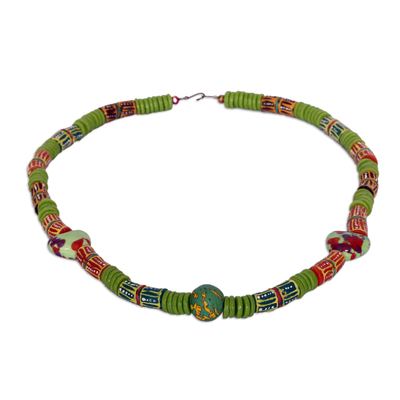 Recycled glass beaded long necklace, 'Green Glamor' - Eco-Friendly Recycled Glass Beaded Long Necklace in Green