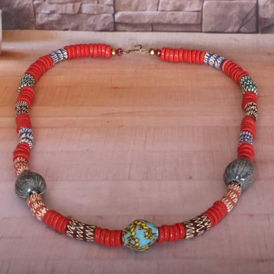 Recycled glass beaded long necklace, 'Crimson Beauty' - Eco-Friendly Red & Blue Recycled Glass Beaded Long Necklace