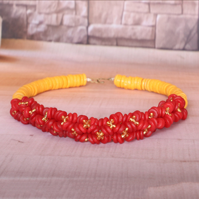 Recycled glass beaded statement necklace, 'Splendid Radiance' - Recycled Glass Beaded Statement Necklace in Red and Yellow