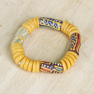Recycled glass beaded stretch bracelet, 'Majestic Elegance' - Hand-Painted Yellow Recycled Glass Beaded Stretch Bracelet