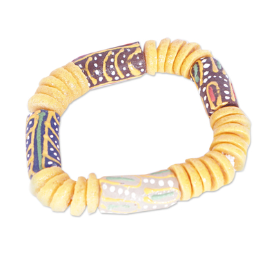 Recycled glass beaded stretch bracelet, 'Majestic Elegance' - Hand-Painted Yellow Recycled Glass Beaded Stretch Bracelet