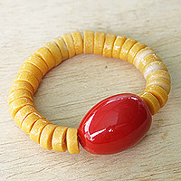 Recycled glass beaded stretch bracelet, 'Red Friendship' - Recycled Glass Beaded Stretch Bracelet in Yellow and Red