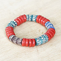 Recycled glass beaded stretch bracelet, 'Audacious Waves' - Recycled Glass Beaded Stretch Bracelet in Blue and Red
