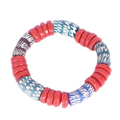 Pulsera elástica con cuentas de vidrio reciclado - Pulsera elástica con cuentas de vidrio reciclado en azul y rojo