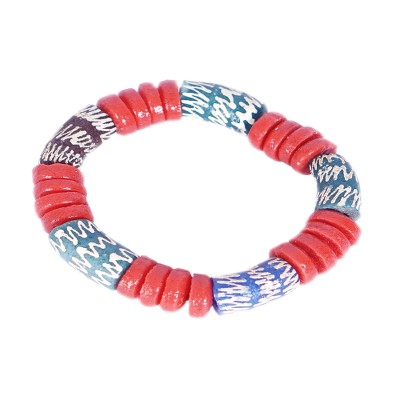 Pulsera elástica con cuentas de vidrio reciclado - Pulsera elástica con cuentas de vidrio reciclado en azul y rojo