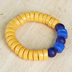 Recycled glass beaded stretch bracelet, 'Yellow Joy' - Recycled Glass Beaded Stretch Bracelet in Yellow and Blue