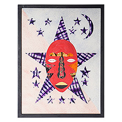 Arte de pared de algodón Batik, 'Martes' - Batik Collage Cotton Wall Art de máscara africana roja con estrellas