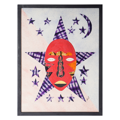 Batik cotton wall art, 'Tuesday' - Batik Collage Cotton Wall Art of Red African Mask with Stars