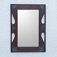 Wood mirror, 'Forever Grateful' - Traditional Ghanaian Handmade Redwood and Aluminum Mirror