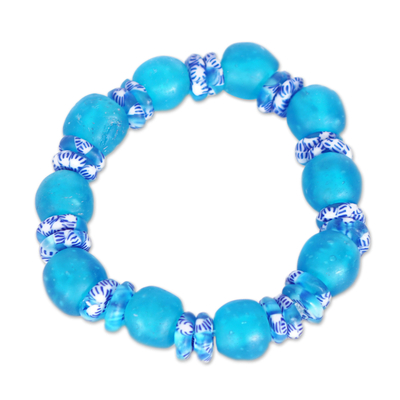 Recycled glass beaded stretch bracelet, 'Sky Bound' - Recycled Glass Beaded Stretch Bracelet in Light Blue & White