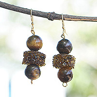 Tiger's eye and recycled glass beaded dangle earrings, 'Ntoboase Ye' - Tiger's Eye and Recycled Glass Beaded Dangle Earrings