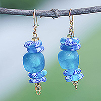 Recycled glass beaded dangle earrings, 'Sky Bound' - Recycled Glass Beaded Dangle Earrings in Light Blue & White