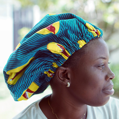 Cotton bonnet, 'Winged Fortune' - Classic Bird-Themed Turquoise and Yellow Cotton Bonnet