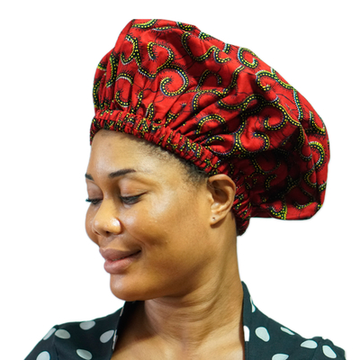 Cotton bonnet, 'Crimson Day' - Vine-Patterned Crimson and Jonquil Elastic Cotton Bonnet