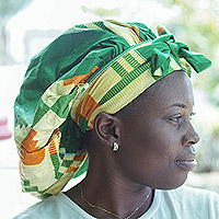 Cotton bonnet, 'Royal Dame' - Geometric-Patterned Green Elastic Cotton Bonnet with Ties