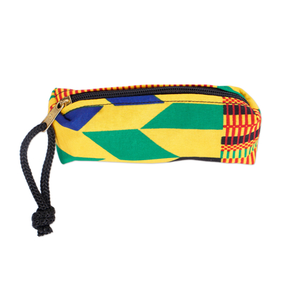 Cotton cosmetic bag, 'Stylish Geometry' - Cotton Kente-Inspired Cosmetic Bag with Strap in Yellow