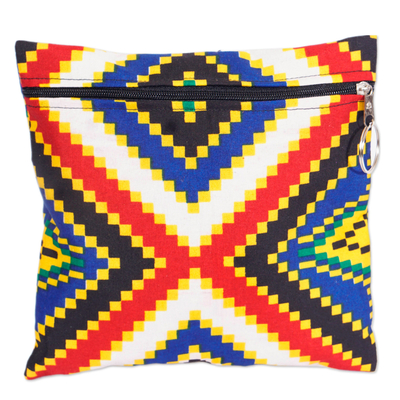 Cotton cosmetic bag, 'Kente Inspiration' - Cotton Cosmetic Bag with Kente-Inspired Geometric Patterns