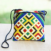 Cotton sling, 'Tugbedze' - Geometric Patterned Yellow and Blue Cotton Sling from Ghana