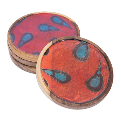 Wood coasters, 'Drops of Boldness' (set of 4) - Set of 4 Drop-Patterned Orange and Red Neem Wood Coasters