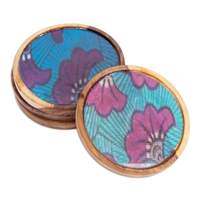 Wood coasters, 'Enchanted Tulips' (set of 4) - Set of 4 Tulip-Patterned Purple and Blue Neem Wood Coasters