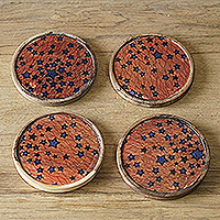 Wood coasters, 'Fire Firmament' (set of 4) - Set of 4 Star-Patterned Brown and Blue Neem Wood Coasters