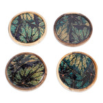 Wood coasters, 'The Nature' (set of 4) - Set of 4 Green Leafy Patterned Round Neem Wood Coasters