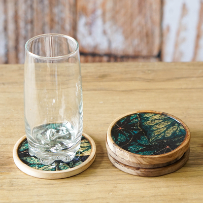 Wood coasters, 'The Nature' (set of 4) - Set of 4 Green Leafy Patterned Round Neem Wood Coasters