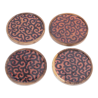 Posavasos de madera, (juego de 4) - Juego de 4 posavasos de madera de neem en negro y naranja con estampado de hiedra