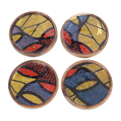 Wood coasters, 'Vibrant Nhyira' (set of 4) - Leafy-Themed Wood and Cotton Coasters from Ghana (Set of 4)