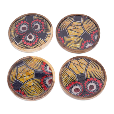 Wood coasters, 'Nature's Glance' (set of 4) - Set of 4 Nature-Patterned Cotton and Neem Wood Coasters