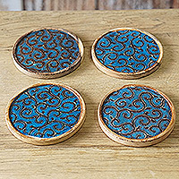 Wood coasters, 'Ocean Ivy' (set of 4) - Set of 4 Ivy-Patterned Black and Blue Neem Wood Coasters