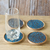 Wood coasters, 'Ocean Ivy' (set of 4) - Set of 4 Ivy-Patterned Black and Blue Neem Wood Coasters