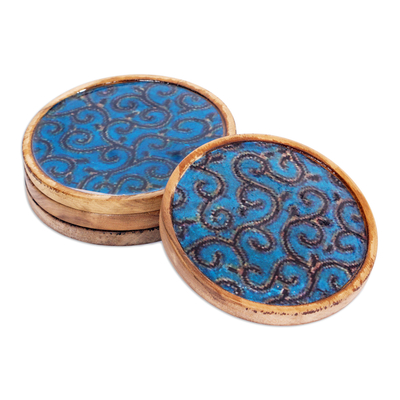 Wood coasters, 'Ocean Ivy' (set of 4) - Set of 4 Ivy-Patterned Black and Blue Neem Wood Coasters