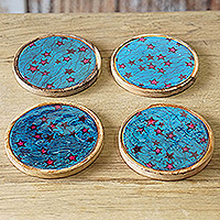 Wood coasters, 'Magic Firmament' (set of 4) - Set of 4 Star-Patterned Blue and Pink Neem Wood Coasters