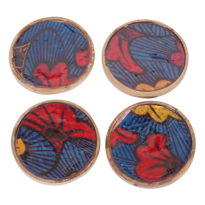 Posavasos de madera, (juego de 4) - Juego de 4 posavasos de madera de neem rojo y azul con estampado de tulipanes