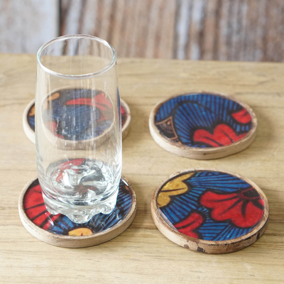 Wood coasters, 'Passionate Tulips' (set of 4) - Set of 4 Tulip-Patterned Red and Blue Neem Wood Coasters