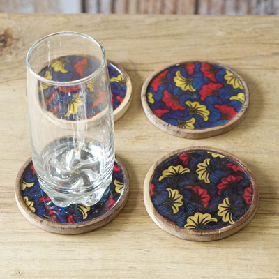 Wood coasters, 'Blooming Graceful' (set of 4) - Set of 4 Floral Red and Blue Neem Wood and Cotton Coasters