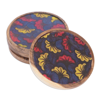 Wood coasters, 'Blooming Graceful' (set of 4) - Set of 4 Floral Red and Blue Neem Wood and Cotton Coasters