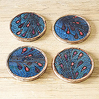 Wood coasters, 'Drops of Enchantment' (set of 4) - Set of 4 Drop-Patterned Blue and Red Neem Wood Coasters