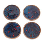 Wood coasters, 'Drops of Enchantment' (set of 4) - Set of 4 Drop-Patterned Blue and Red Neem Wood Coasters