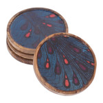 Wood coasters, 'Drops of Enchantment' (set of 4) - Set of 4 Drop-Patterned Blue and Red Neem Wood Coasters