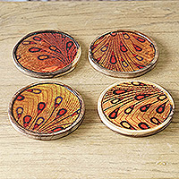 Holzuntersetzer, „Drops of Elegance“ (4er-Set) – Set aus 4 gelben und roten Neemholz-Untersetzern mit Tropfenmuster